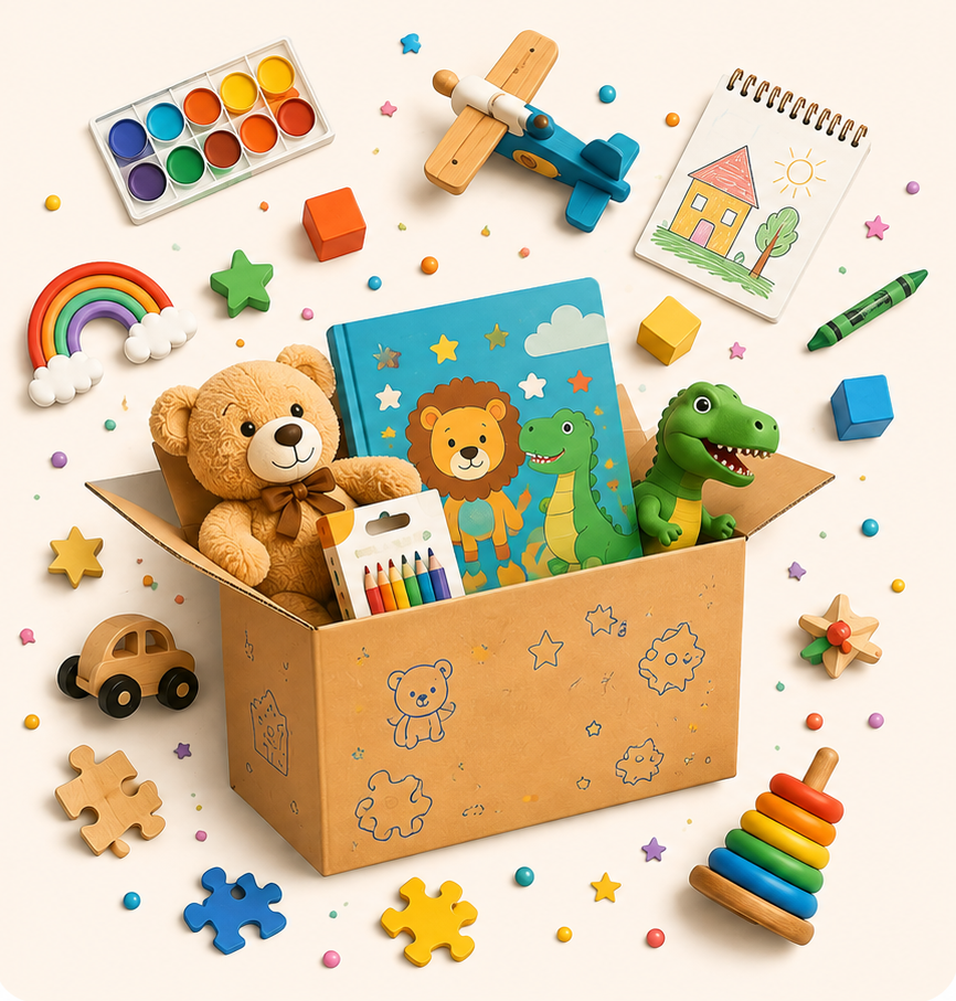 A curated collection of children's toys arranged around and inside a brown cardboard box on a warm cream background. Visible items include a teddy bear, a dinosaur toy, a lion book or plush, a rainbow, watercolor palette, wooden blocks, a spiral drawing notebook, a small car, puzzle pieces, and a rainbow stacker.